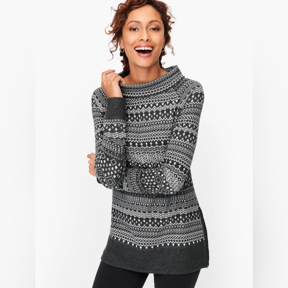 Talbots Fair Isle Jacquard Cowl Neck Side Zip Pullover Sweatshirt Size Medium